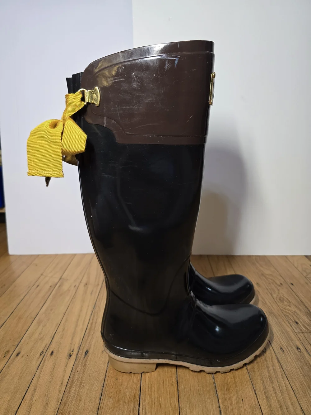 Joules Cottagecore Tall Rain Boots Black Brown Waterproof